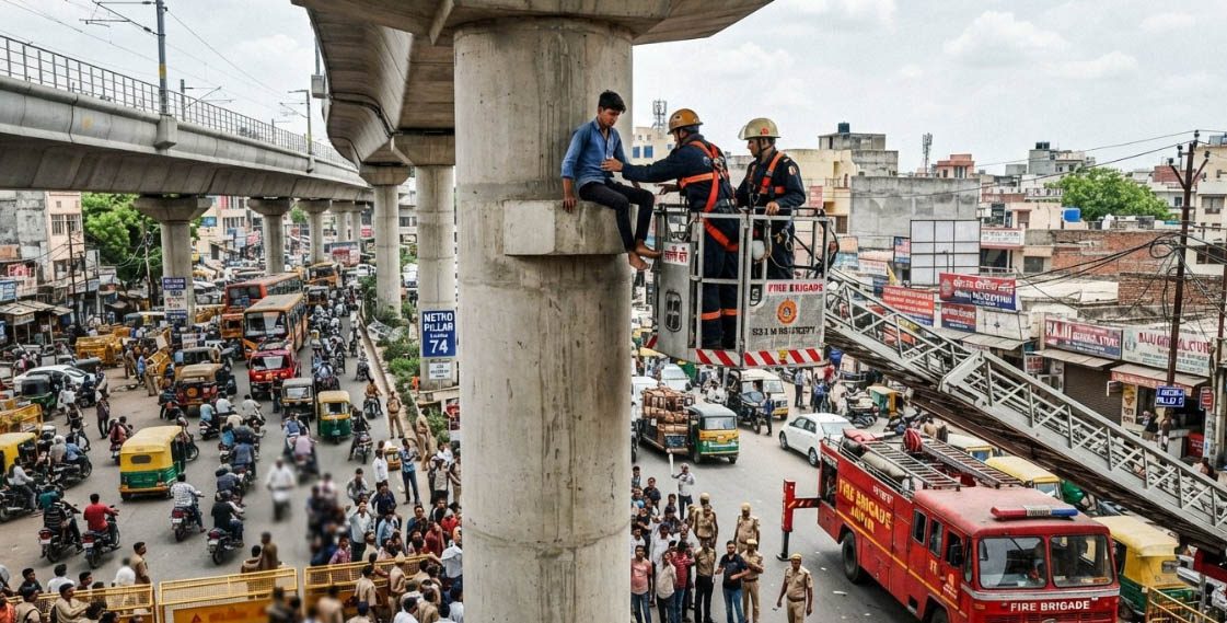 जयपुर: सोडाला में मेट्रो पिलर पर चढ़ा युवक, अग्निशमन दस्ते ने 30 मिनट में सुरक्षित उतारा